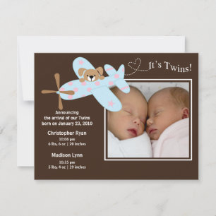 Aeroplane Twins Girl & Boy Birth Annoucement Announcement