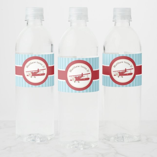 Aeroplane (Vintage) Personalised Boy Birthday Water Bottle Label (Bottles)
