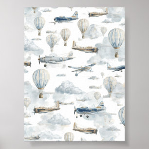 Aeroplane Wall Art, Vintage Nursery Decor, Blue Poster
