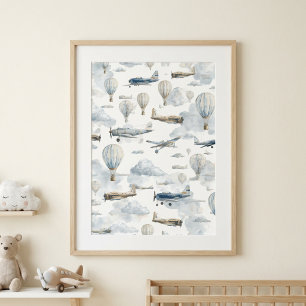 Aeroplane Wall Art, Vintage Nursery Decor, Blue Poster