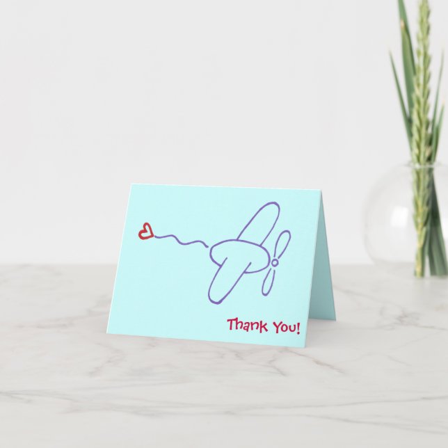 Aeroplane with Heart Thank You Note Card (Front)