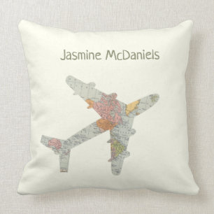 Aeroplane world map custom name cushion