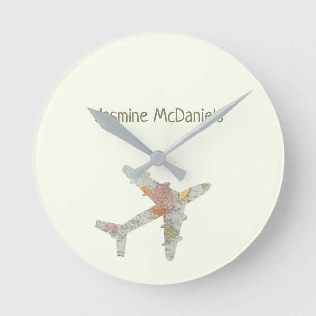 Aeroplane world map custom name round clock (Front)