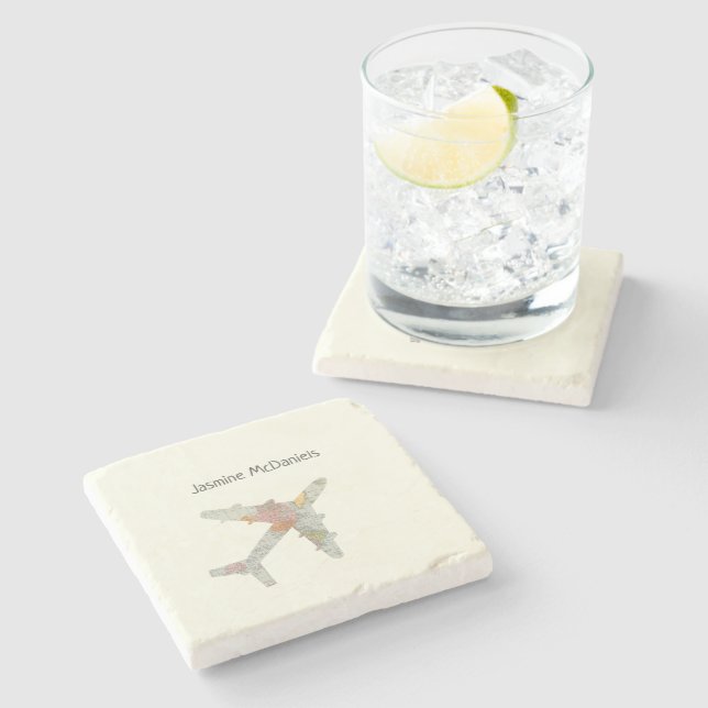 Aeroplane world map custom name stone coaster (Side)
