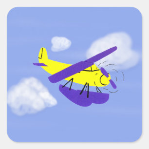 Aeroplane Yellow and Blue Cartoon Art Square Sticker