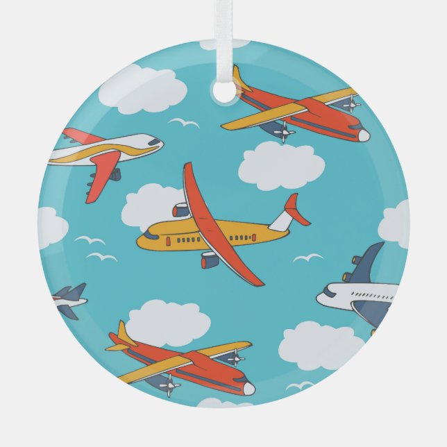 Aeroplanes and clouds, seamless children's backgro glass tree decoration (Front)