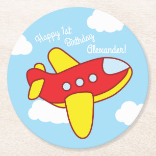Aeroplanes and Jets Cute 1st Birthday Party Round Paper Coaster