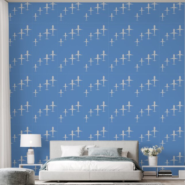 Aeroplanes Art, Dark Pastel Cornflower Blue Elegan Wallpaper (Bedroom)