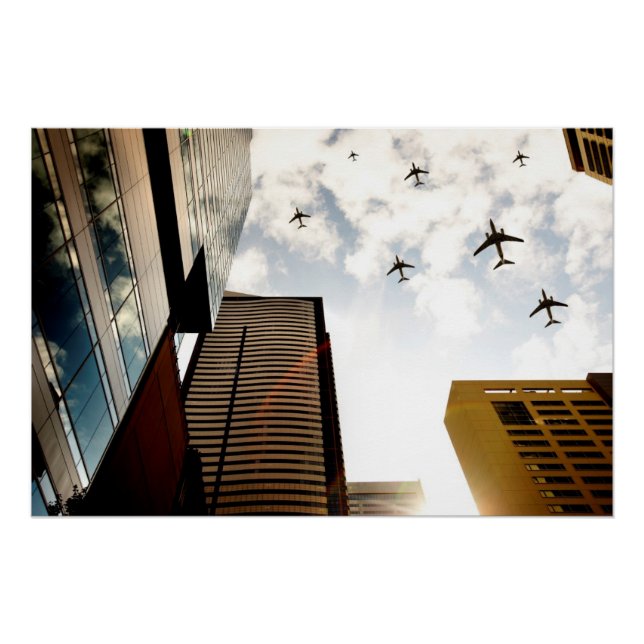 Aeroplanes flying over buildings poster (Front)