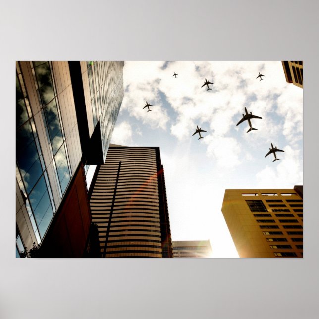 Aeroplanes flying over buildings poster (Front)