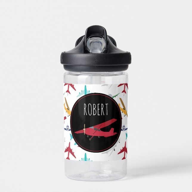 Aeroplanes Pattern Custom Name Water Bottle (Front)