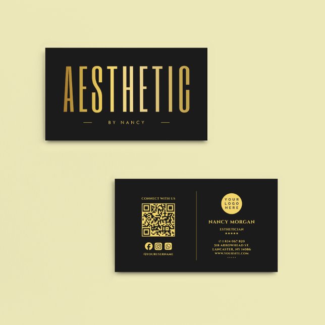 Aesthetic Aesthetician Qr Code Logo Black And Gold Business Card (Creator Uploaded)