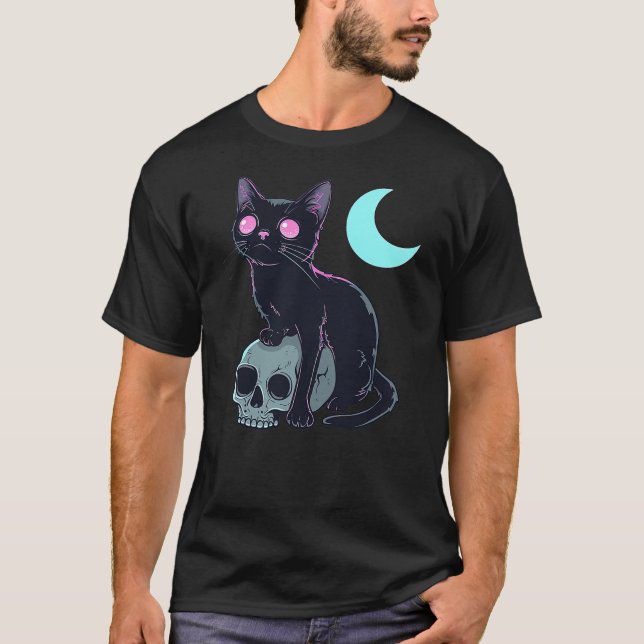 Aesthetic Anime Pastel Goth Witchy Cat With Skull  T-Shirt (Front)