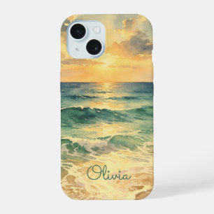 Aesthetic Beach Sunset Watercolor Custom Name iPhone 15 Case