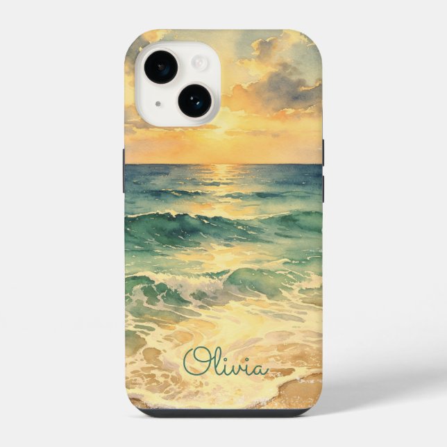 Aesthetic Beach Sunset Watercolor Custom Name iPhone Case (Back)