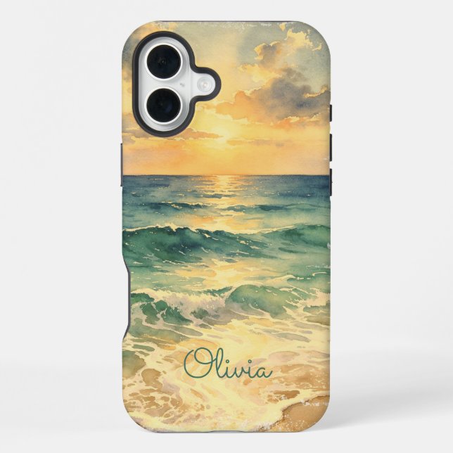 Aesthetic Beach Sunset Watercolor Custom Name iPhone Case (Back)