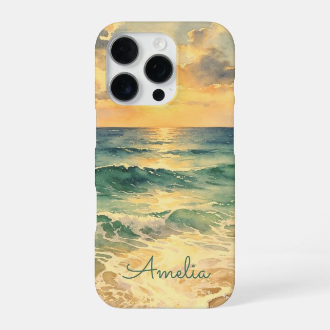 Aesthetic Beach Sunset Watercolor Custom Name iPhone Case (Back)