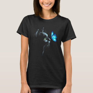 Aesthetic Black Cat With Blue Butterfly Graphic Ar T-Shirt
