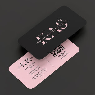 Aesthetic Black Pink Beauty Monogram QR Business Card