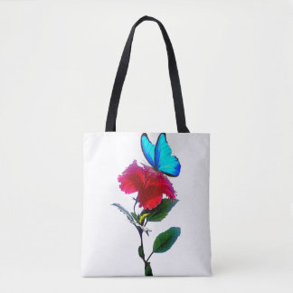 Aesthetic Blue Butterfly on Red Flower Tote Bag