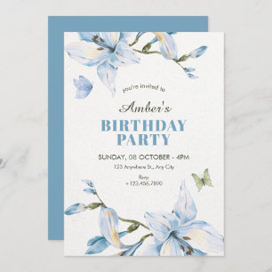 Aesthetic blue flower bloom birthday invitation