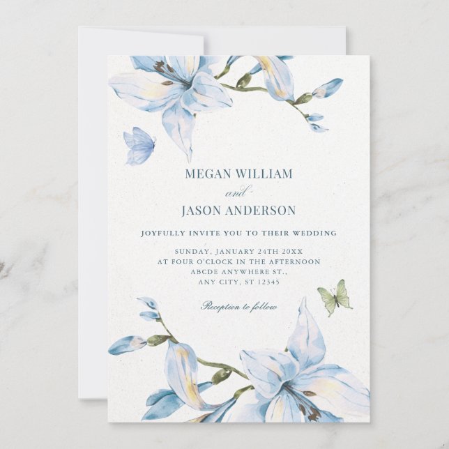 Aesthetic blue flower bloom wedding invitation (Front)