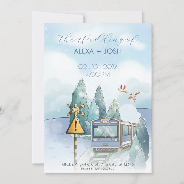 Aesthetic blue journey train wedding  invitation (Front)