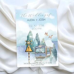 Aesthetic blue journey train wedding  invitation
