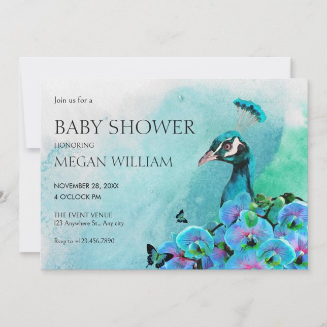 Aesthetic Blue Peacock Bird baby shower Invitation (Front)