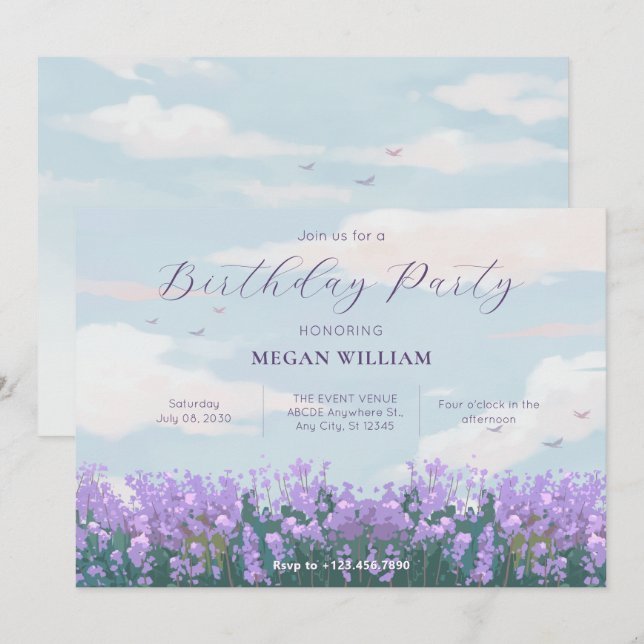 Aesthetic blue sky flower spring birthday invitation (Front/Back)