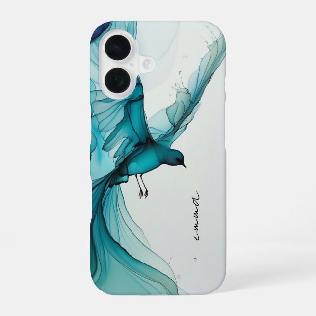 Aesthetic Blue Watercolor Flying Bird iPhone  16 Case (Back)
