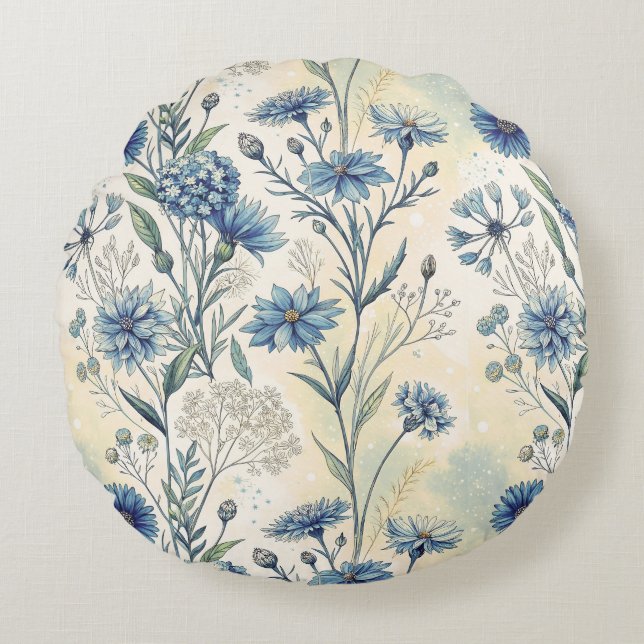 Aesthetic Blue Wildflowers Round Cushion (Front)