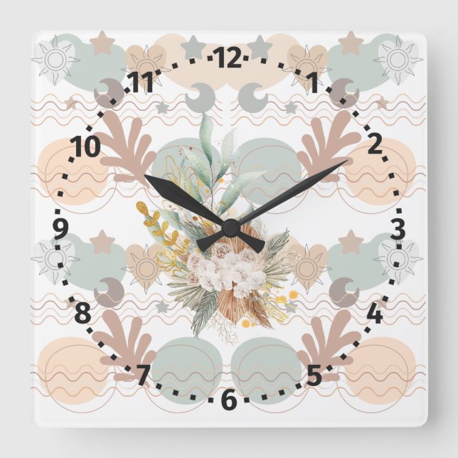 Aesthetic Boho Wildflowers Square Wall Clock (Front)