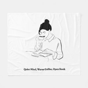 Aesthetic Book and Coffee Line Art T-Shirt Fleece Blanket