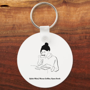 Aesthetic Book and Coffee Line Art T-Shirt Key Ring