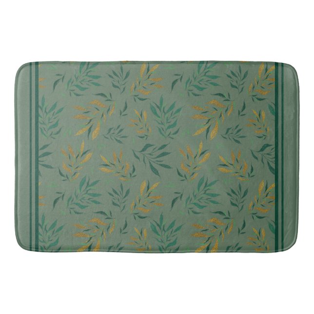 Aesthetic Botany Pattern from Gold Green Leaves Bath Mat (Front)