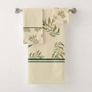 Aesthetic Botany Pattern Gold and Green Twigs Bath Towel Set