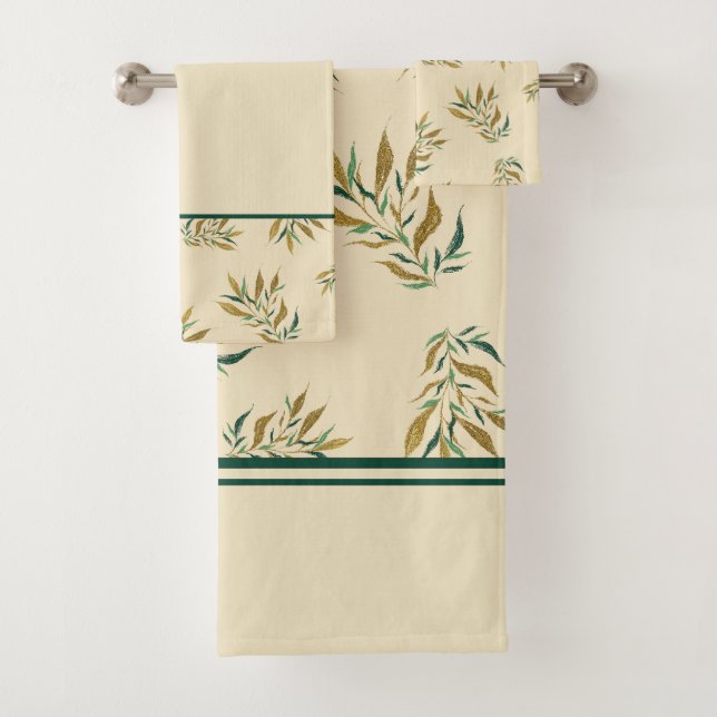 Aesthetic Botany Pattern Gold and Green Twigs Bath Towel Set (Insitu)