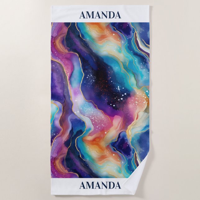 Aesthetic colourful rainbow agate glitter texture beach towel (Front)