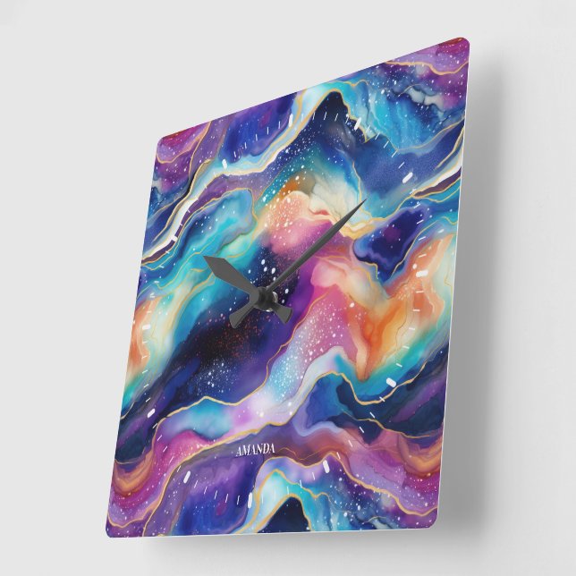 Aesthetic colourful rainbow glitter agate  square wall clock (Angle)