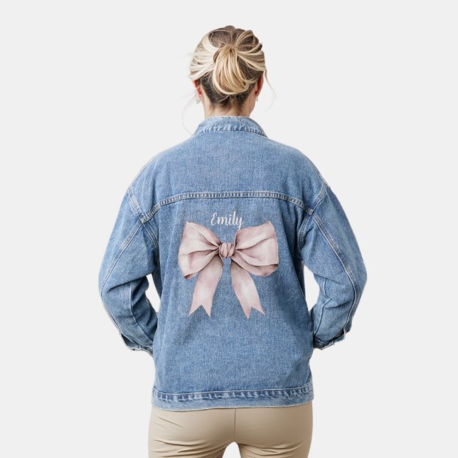 Aesthetic coquette blush pink bow name girly denim jacket (Model)