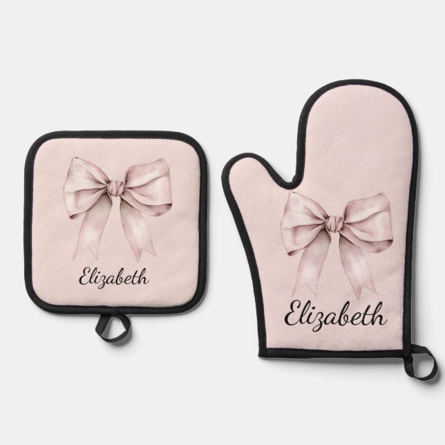 Aesthetic coquette pink bow Personalised Name Oven Mitt & Pot Holder Set (Front)