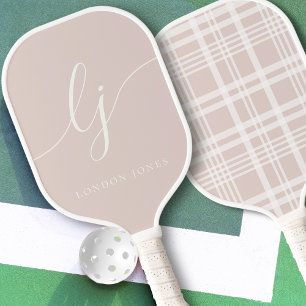 Aesthetic Country Club Pink Plaid Stripes Monogram Pickleball Paddle