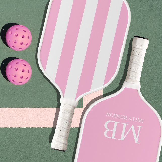 Aesthetic Country Club Pink Stripes Monogram Cute Pickleball Paddle (Old money aesthetic gift - personalized pink pickleball paddle)