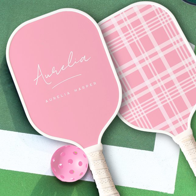 Aesthetic Country Club Pink Stripes Plaid Monogram Pickleball Paddle (Creator Uploaded)
