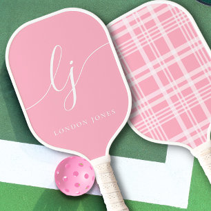 Aesthetic Country Club Pink Stripes Plaid Monogram Pickleball Paddle