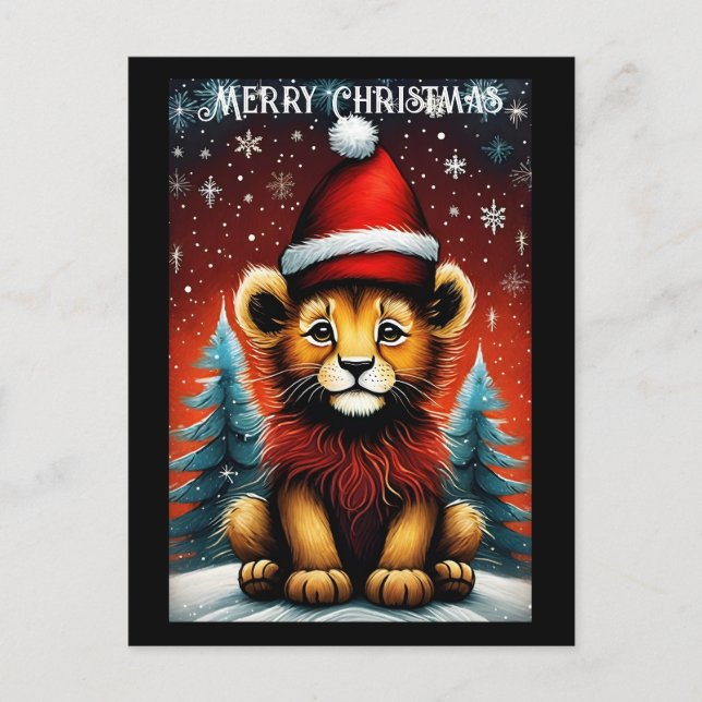 Aesthetic Cute Santa Baby Lion Snowy Christmas Postcard (Front)