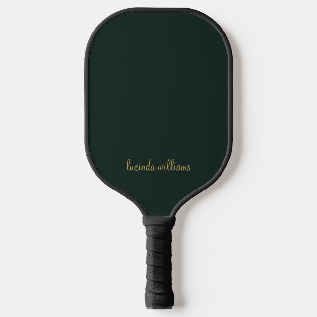 Aesthetic Dark Green Chic Gold Script Monogram Pickleball Paddle (Front)