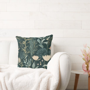 Aesthetic Dark Sage & Peach Floral Illustrative Pa Cushion
