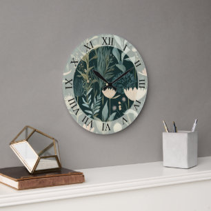 Aesthetic Dark Sage & Peach Floral Illustrative Pa Large Clock